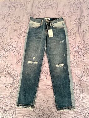 Mango Contrast Mom Jeans Distressed Two-Tone Denim EU 36 US 4 NWT